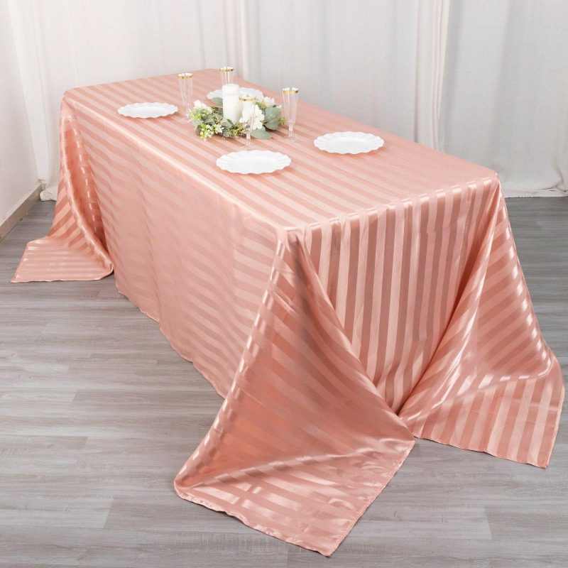 Dusty Rose Satin Stripe Seamless Rectangular Tablecloth 90″x132″ for 6 Foot Table With Floor-Length Drop  |   Satin Satin Dusty rose