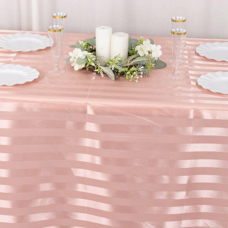 Dusty Rose Satin Stripe Seamless Rectangular Tablecloth 90″x132″ for 6 Foot Table With Floor-Length Drop  |   Satin Satin Dusty rose