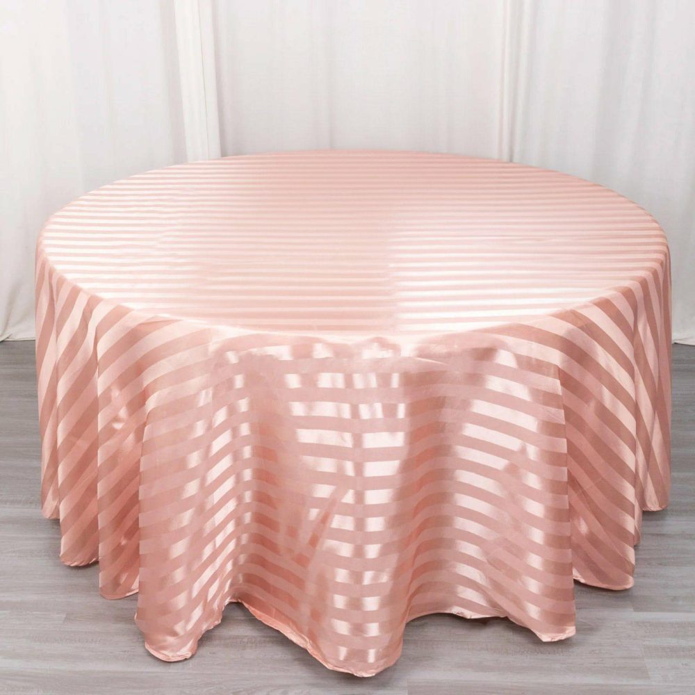 Dusty Rose Satin Stripe Seamless Round Tablecloth 120″ for 5 Foot Table With Floor-Length Drop  |   Satin Satin Dusty rose