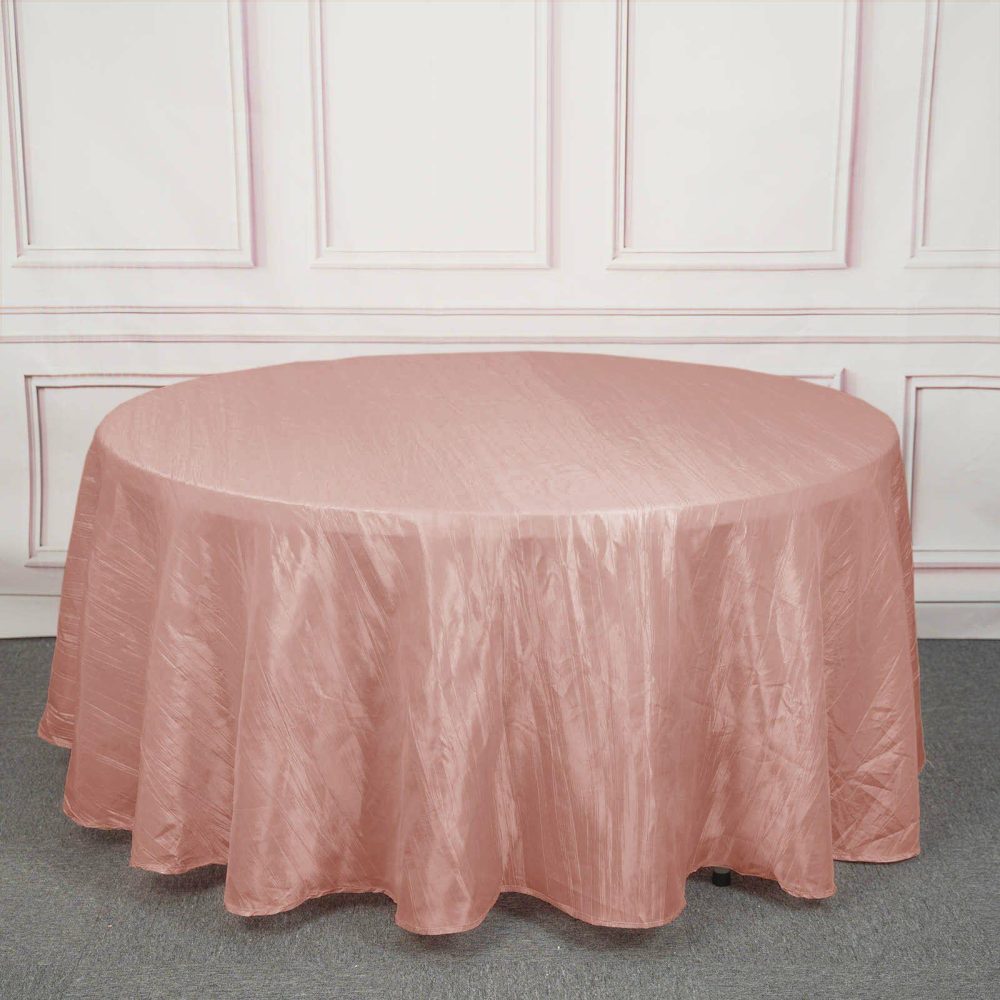 Dusty Rose Seamless Accordion Crinkle Taffeta Round Tablecloth 120″ for 5 Foot Table With Floor-Length Drop  |   Pintuck, Crinkle & Leaf Pintuck, Crinkle & Leaf Dusty rose