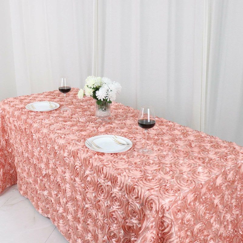 Dusty Rose Seamless Grandiose 3D Rosette Satin Rectangle Tablecloth 90″x132″ for 6 Foot Table With Floor-Length Drop  |   Rosette Rosette Dusty rose