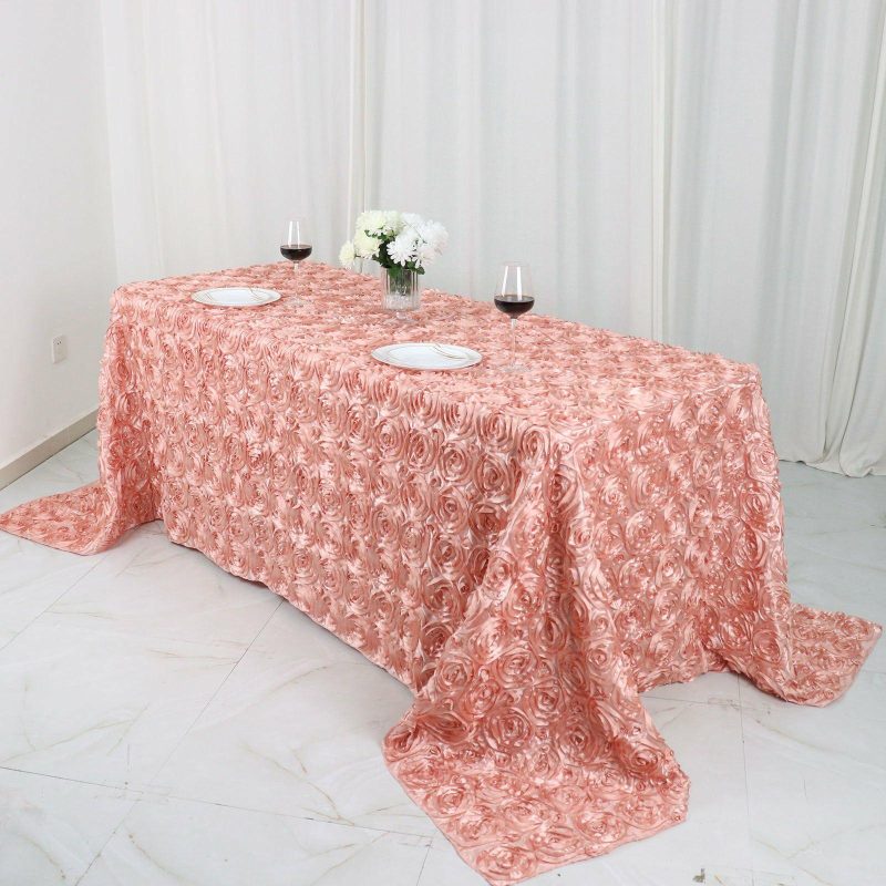 Dusty Rose Seamless Grandiose 3D Rosette Satin Rectangle Tablecloth 90″x132″ for 6 Foot Table With Floor-Length Drop  |   Rosette Rosette Dusty rose