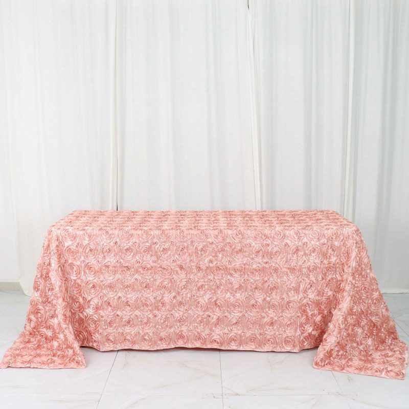 Dusty Rose Seamless Grandiose 3D Rosette Satin Rectangle Tablecloth 90″x132″ for 6 Foot Table With Floor-Length Drop  |   Rosette Rosette Dusty rose