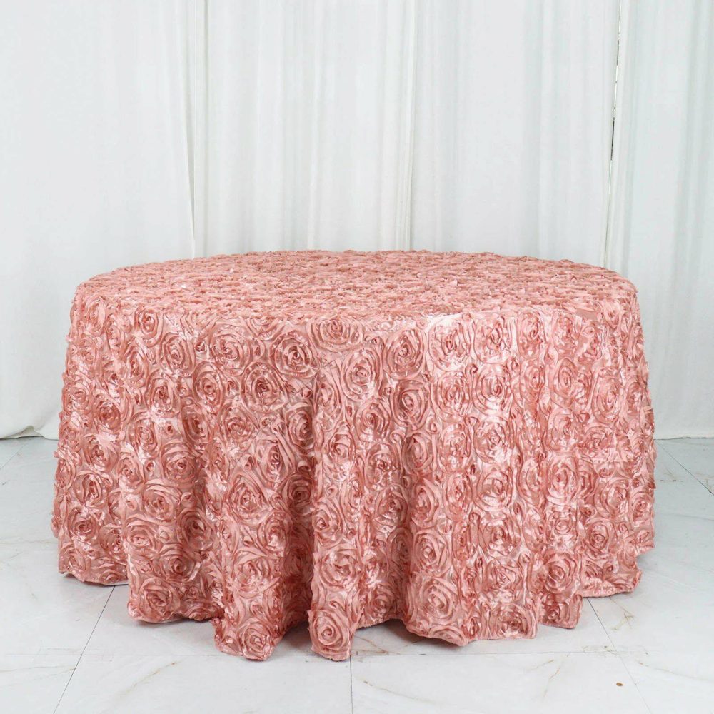 Dusty Rose Seamless Grandiose 3D Rosette Satin Round Tablecloth 120″ for 5 Foot Table With Floor-Length Drop  |   Rosette Rosette Dusty rose