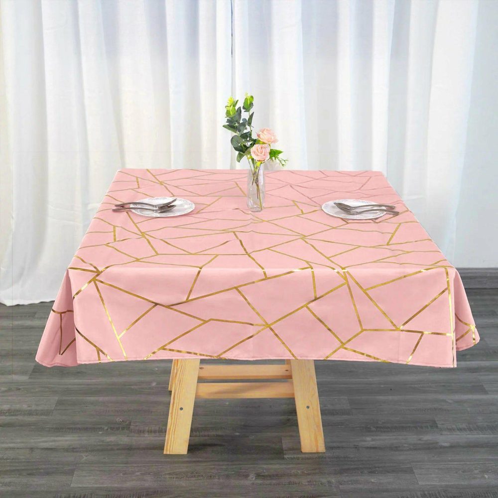 Dusty Rose Seamless Polyester Square Tablecloth With Gold Foil Geometric Pattern 54″x54″  |   Polyester Polyester Dusty rose