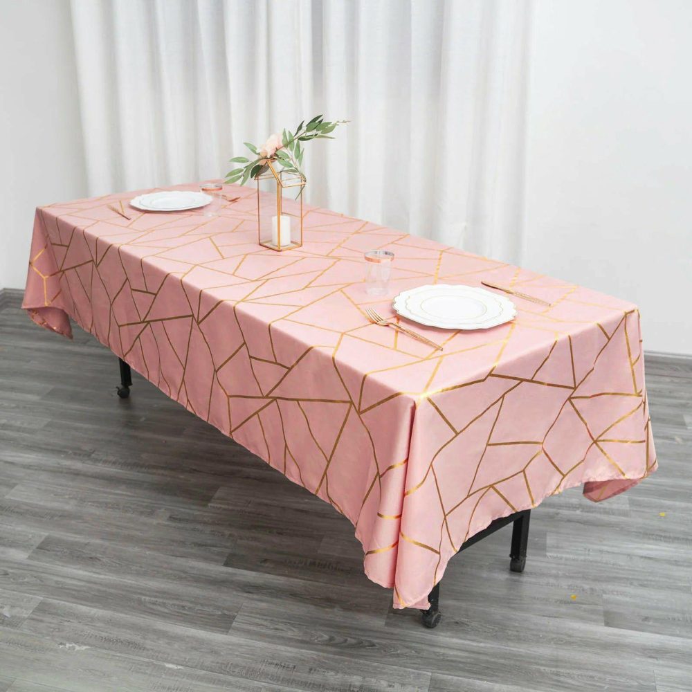 Dusty Rose Seamless Rectangle Polyester Tablecloth With Gold Foil Geometric Pattern 60″x102″  |   Polyester Polyester Dusty rose