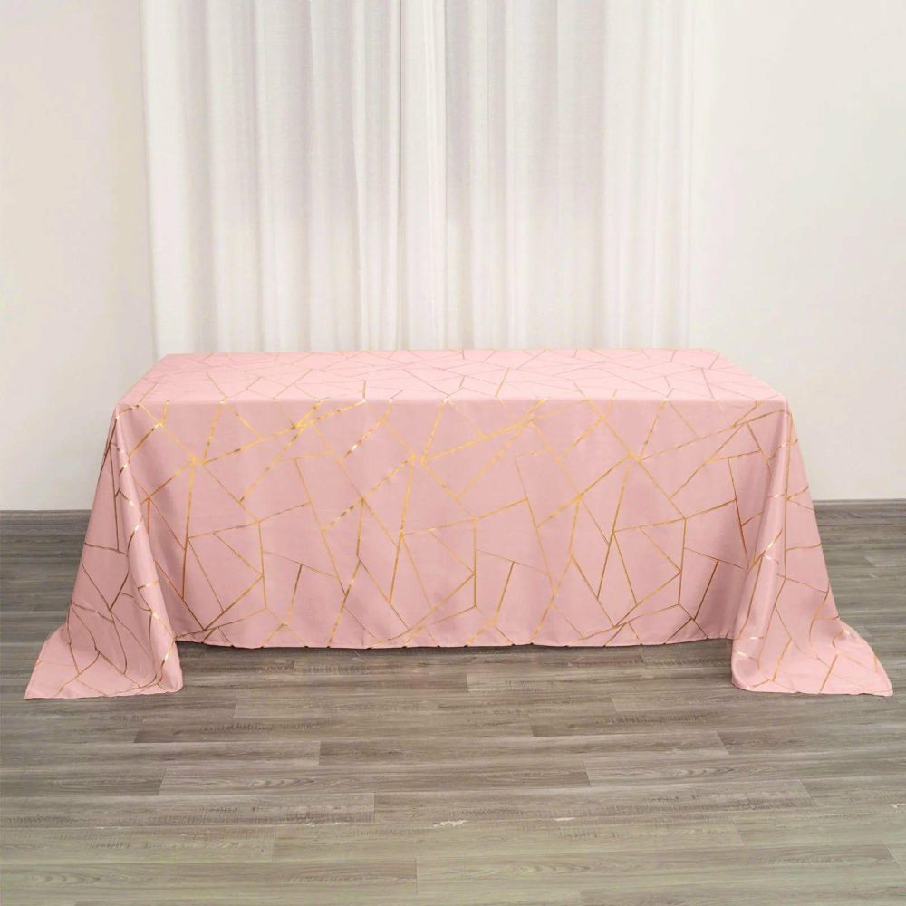 Dusty Rose Seamless Rectangle Polyester Tablecloth With Gold Foil Geometric Pattern 90″x132″ for 6 Foot Table With Floor-Length Drop  |   Polyester Polyester Dusty rose