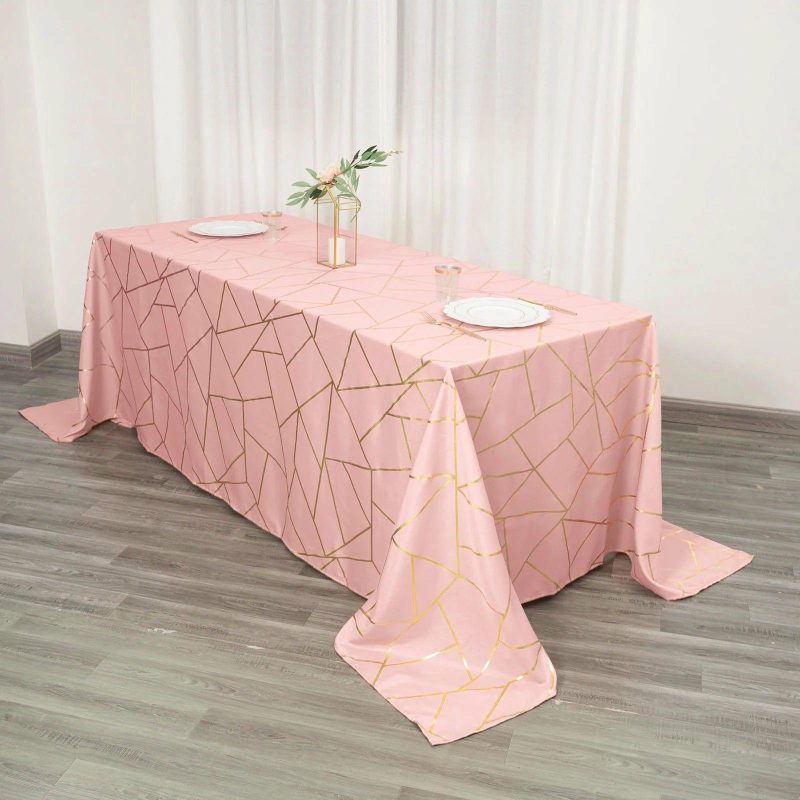 Dusty Rose Seamless Rectangle Polyester Tablecloth With Gold Foil Geometric Pattern 90″x132″ for 6 Foot Table With Floor-Length Drop  |   Polyester Polyester Dusty rose