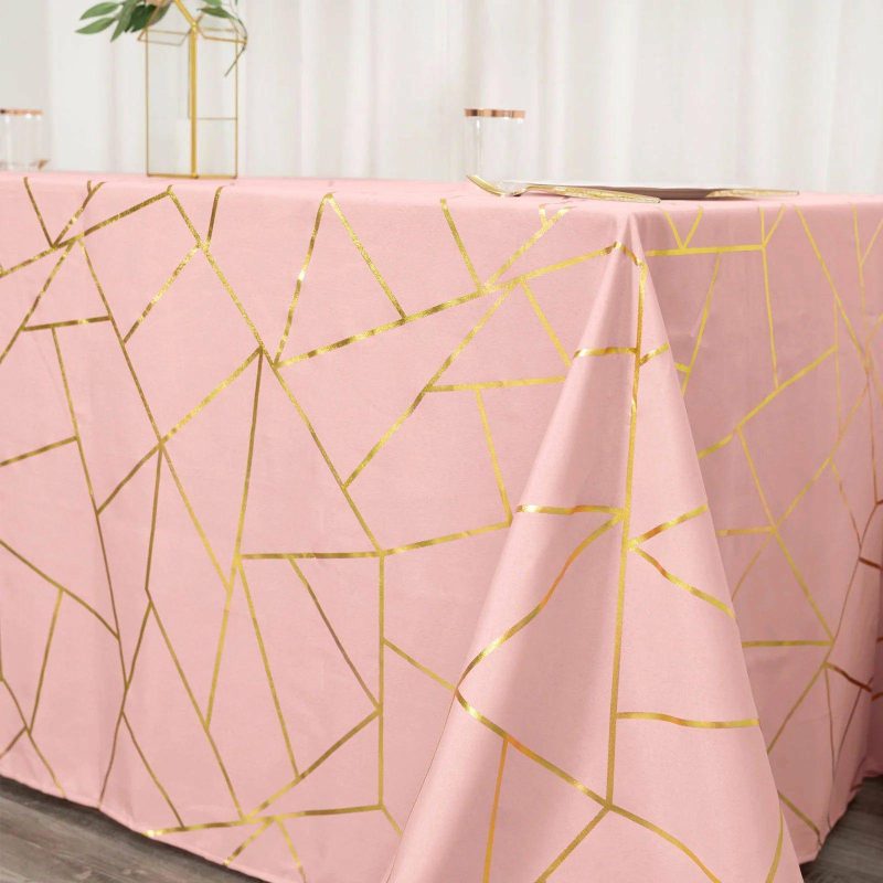 Dusty Rose Seamless Rectangle Polyester Tablecloth With Gold Foil Geometric Pattern 90″x132″ for 6 Foot Table With Floor-Length Drop  |   Polyester Polyester Dusty rose