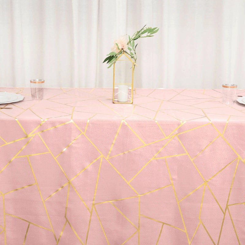 Dusty Rose Seamless Rectangle Polyester Tablecloth With Gold Foil Geometric Pattern 90″x132″ for 6 Foot Table With Floor-Length Drop  |   Polyester Polyester Dusty rose