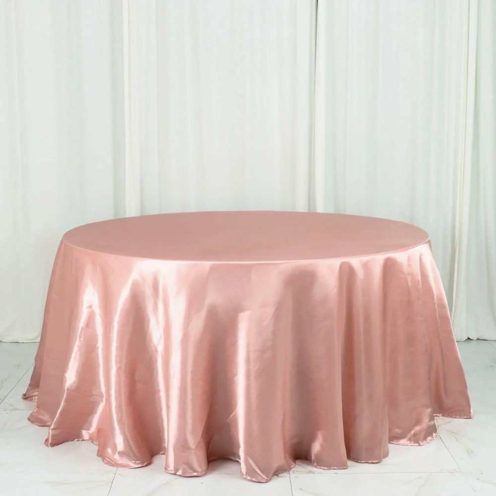 Dusty Rose Seamless Satin Round Tablecloth 132″ for 6 Foot Table With Floor-Length Drop  |   Satin Satin Dusty rose