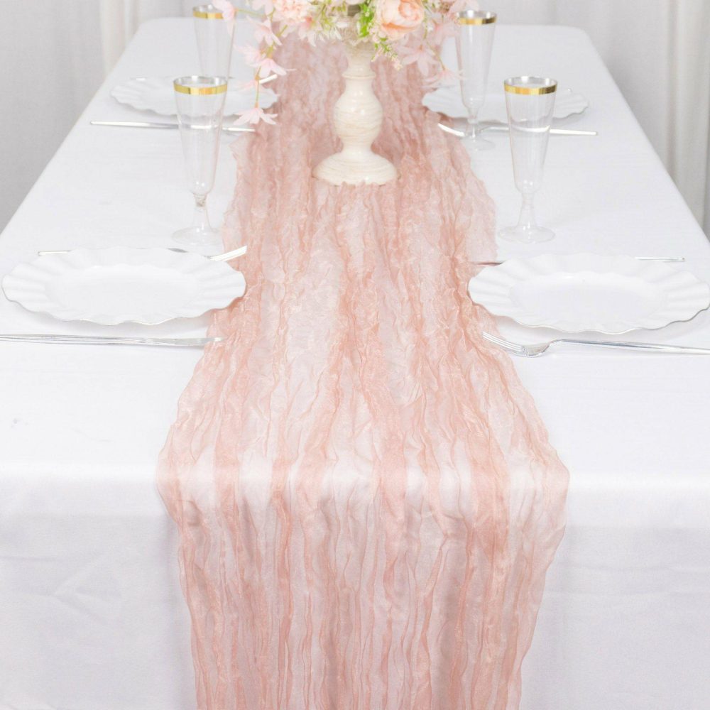 Dusty Rose Sheer Crinkled Organza Table Runner, Premium Shimmer Chiffon Layered Table Runner 9ft  |   Organza & Chiffon Organza & Chiffon Dusty rose