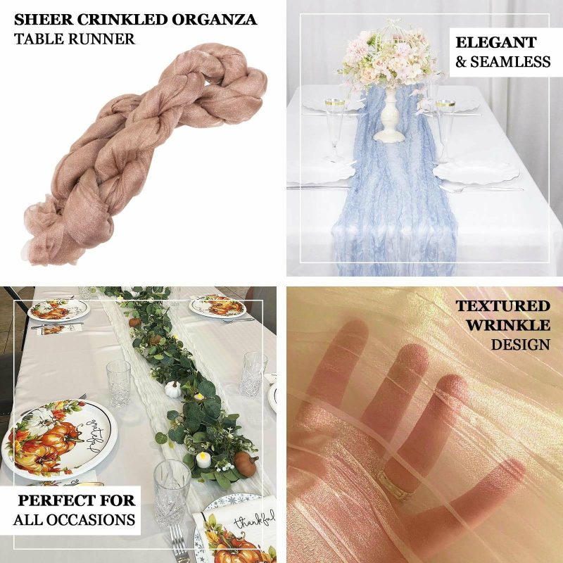 Dusty Rose Sheer Crinkled Organza Table Runner, Premium Shimmer Chiffon Layered Table Runner 9ft  |   Organza & Chiffon Organza & Chiffon Dusty rose