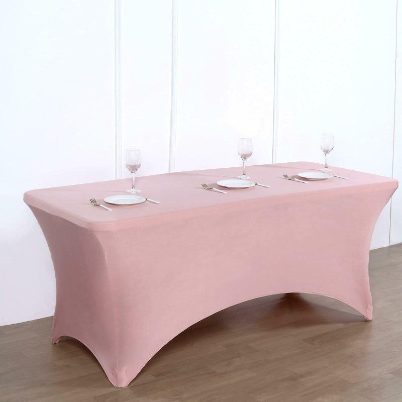 Dusty Rose Stretch Spandex Rectangle Tablecloth 8ft Wrinkle Free Fitted Table Cover for 96″x30″ Tables  |   Spandex & Fitted Spandex & Fitted Dusty rose