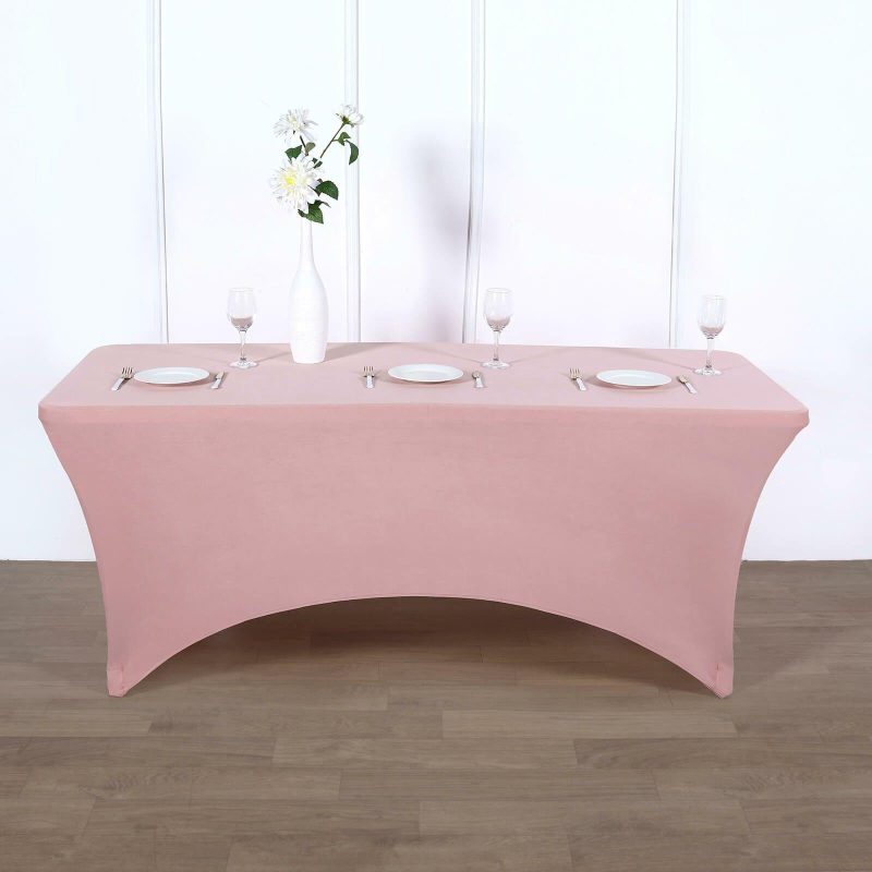 Dusty Rose Stretch Spandex Rectangle Tablecloth 8ft Wrinkle Free Fitted Table Cover for 96″x30″ Tables  |   Spandex & Fitted Spandex & Fitted Dusty rose