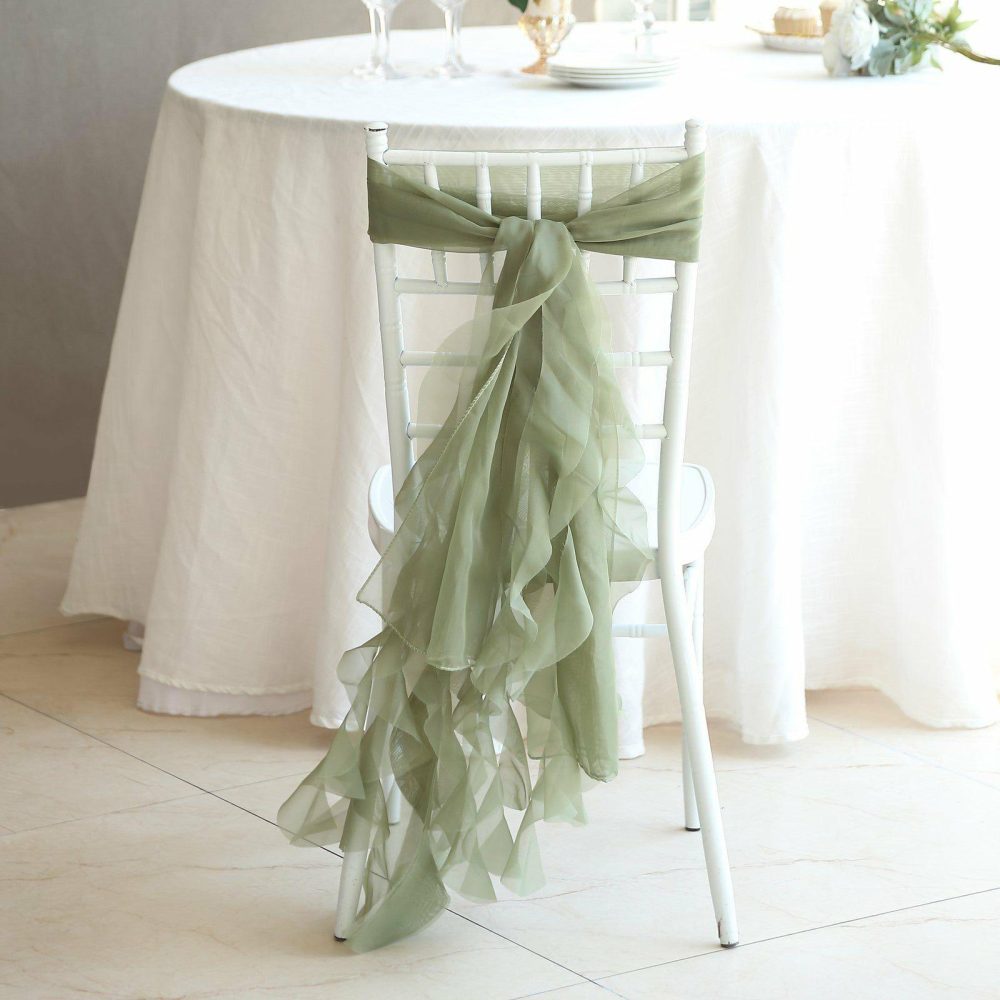 Dusty Sage Green Chiffon Curly Chair Sash  |   Organza & Chiffon Chair Sashes Dusty Sage Green