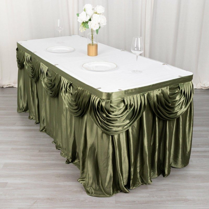 Dusty Sage Green Pleated Satin Double Drape Table Skirt 14ft  |   Satin Shimmer Satin Shimmer Dusty Sage Green