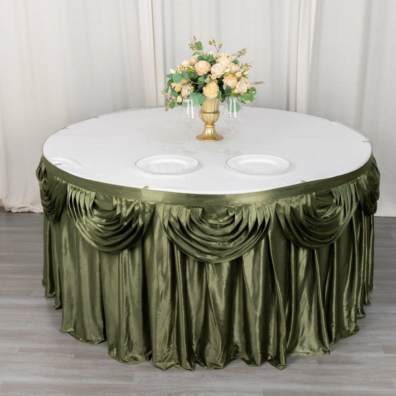 Dusty Sage Green Pleated Satin Double Drape Table Skirt 14ft  |   Satin Shimmer Satin Shimmer Dusty Sage Green