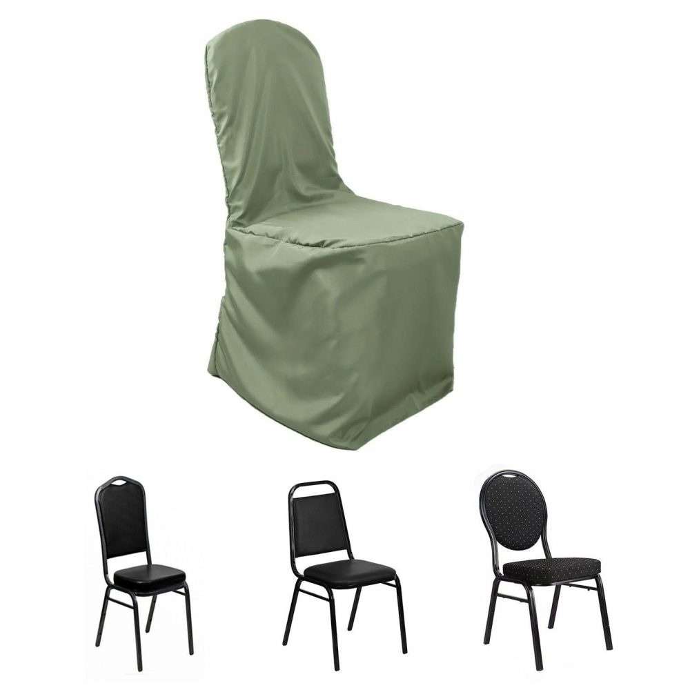 Dusty Sage Green Polyester Banquet Chair Cover, Reusable Stain Resistant Slip On Chair Cover  |   Polyester & Satin Banquet Chair Covers Dusty Sage Green