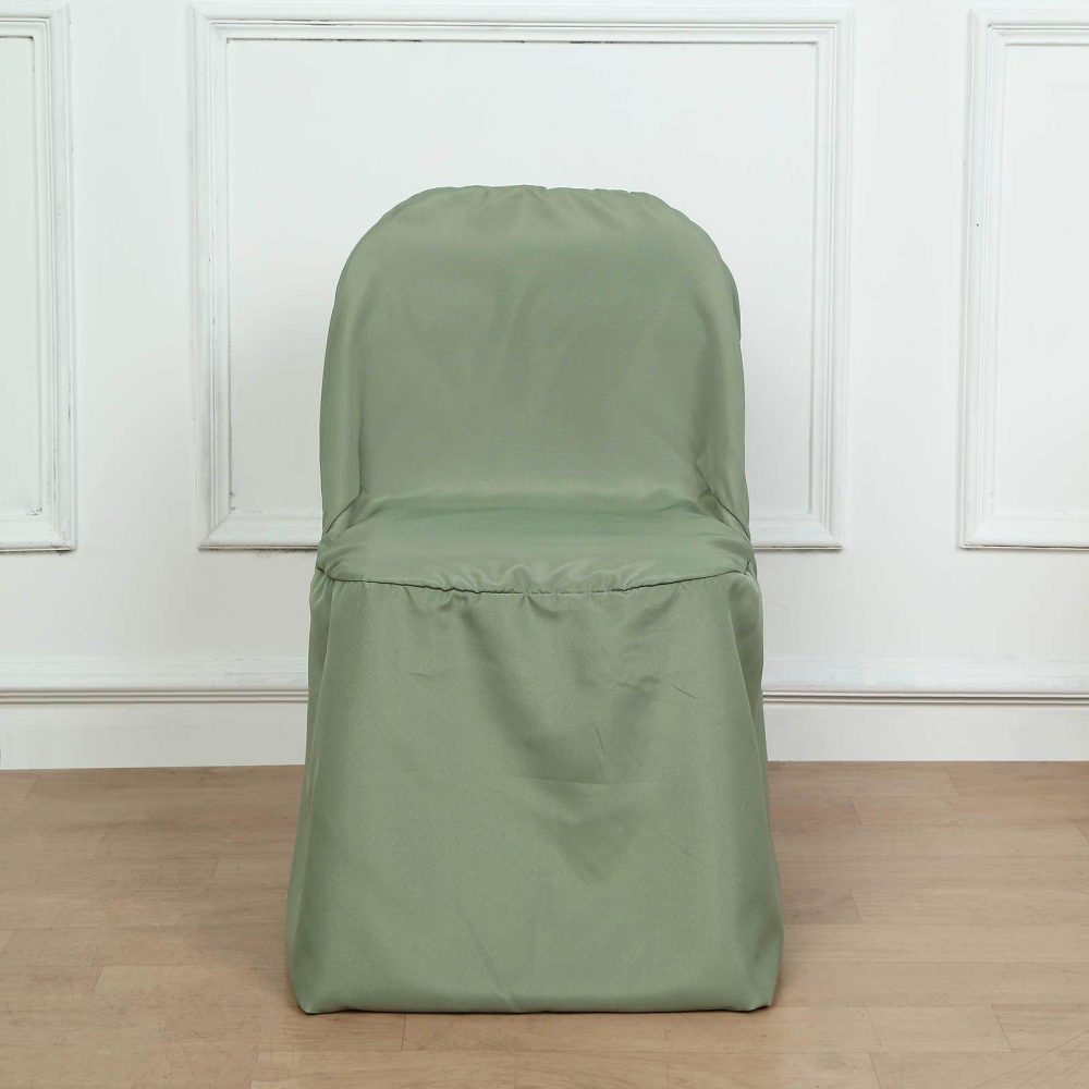 Dusty Sage Green Polyester Folding Chair Cover, Reusable Stain Resistant Slip On Chair Cover  |   Polyester & Satin Folding Chair Covers Dusty Sage Green