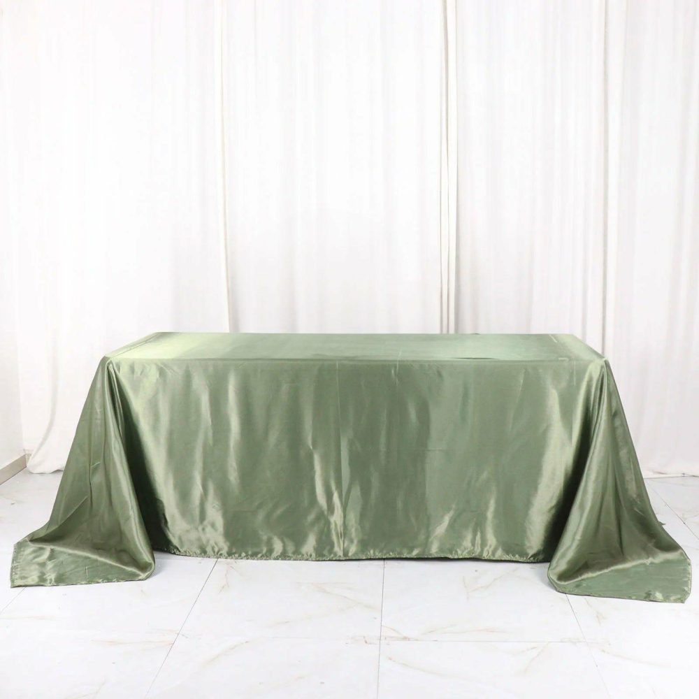 Dusty Sage Green Satin Seamless Rectangular Tablecloth 90″x132″ for 6 Foot Table With Floor-Length Drop  |   Satin Satin Dusty Sage Green