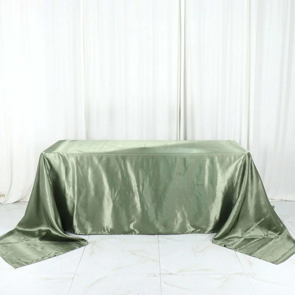 Dusty Sage Green Seamless Satin Rectangular Tablecloth 90″x156″ for 8 Foot Table With Floor-Length Drop  |   Satin Satin Dusty Sage Green