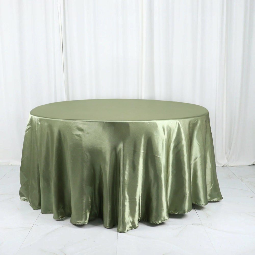 Dusty Sage Green Seamless Satin Round Tablecloth 120″ for 5 Foot Table With Floor-Length Drop  |   Satin Satin Dusty Sage Green