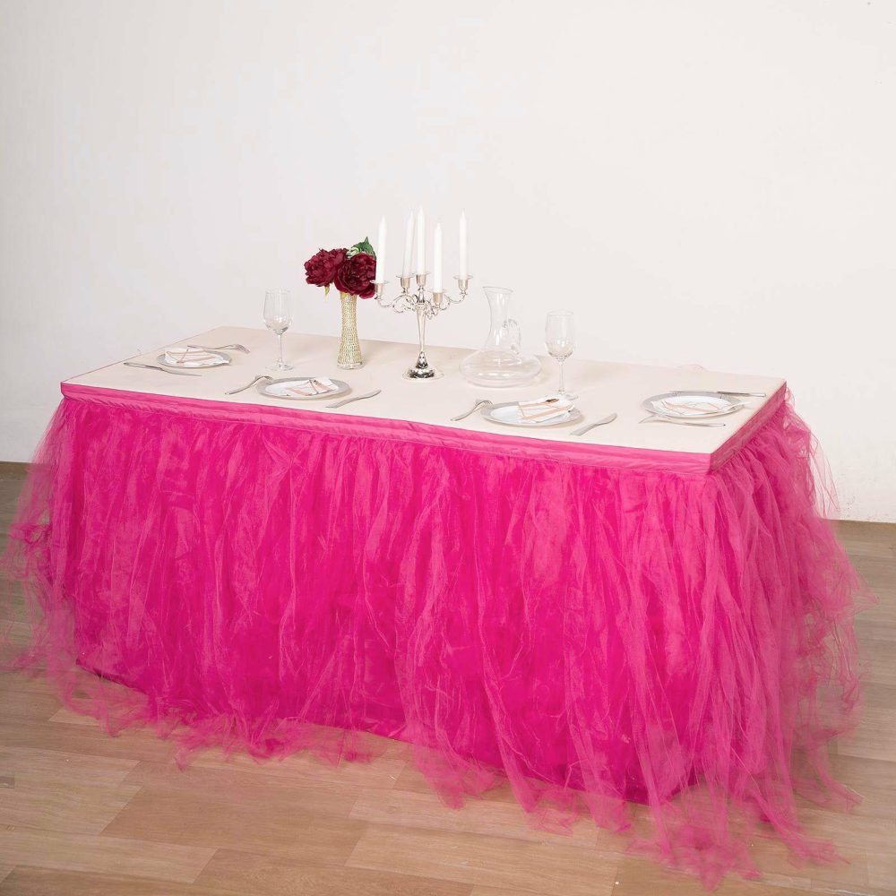 Fuchsia 4 Layer Tulle Tutu Pleated Table Skirt 14ft  |   Ruffled Tulle Ruffled Tulle Fuchsia