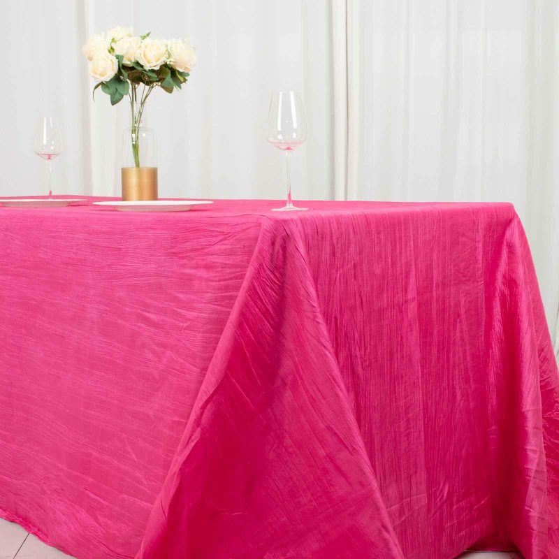 Fuchsia Accordion Crinkle Taffeta Seamless Rectangular Tablecloth 90″x132″ for 6 Foot Table With Floor-Length Drop  |   Pintuck, Crinkle & Leaf Pintuck, Crinkle & Leaf Fuchsia