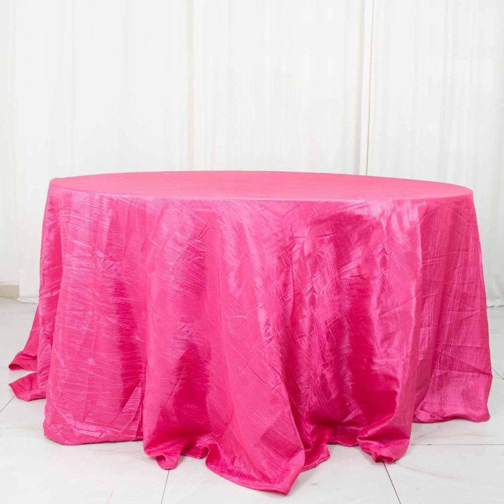 Fuchsia Accordion Crinkle Taffeta Seamless Round Tablecloth 132″ for 6 Foot Table With Floor-Length Drop  |   Pintuck, Crinkle & Leaf Pintuck, Crinkle & Leaf Fuchsia