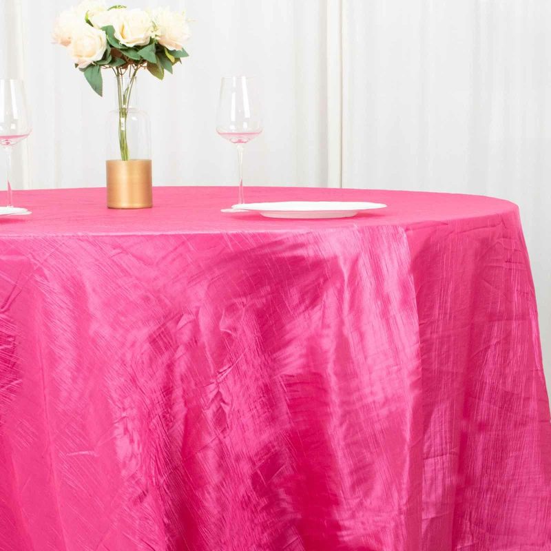 Fuchsia Accordion Crinkle Taffeta Seamless Round Tablecloth 132″ for 6 Foot Table With Floor-Length Drop  |   Pintuck, Crinkle & Leaf Pintuck, Crinkle & Leaf Fuchsia