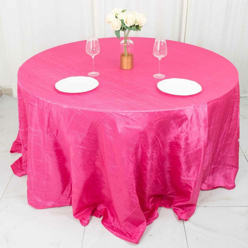 Fuchsia Accordion Crinkle Taffeta Seamless Round Tablecloth 132″ for 6 Foot Table With Floor-Length Drop  |   Pintuck, Crinkle & Leaf Pintuck, Crinkle & Leaf Fuchsia