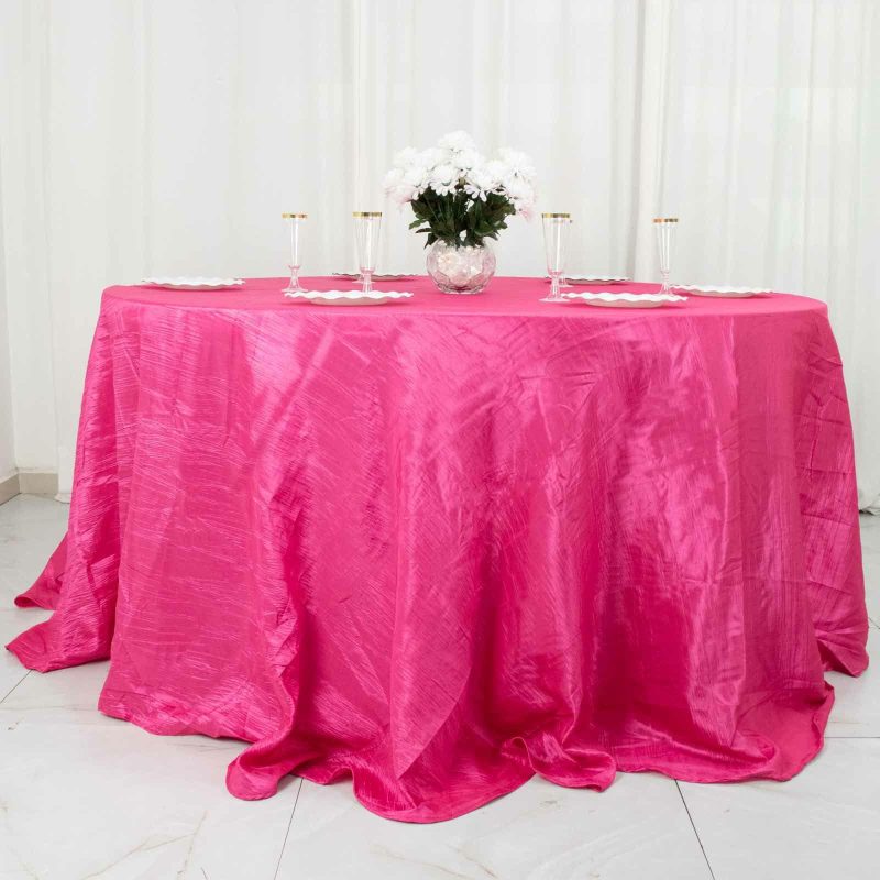 Fuchsia Accordion Crinkle Taffeta Seamless Round Tablecloth 132″ for 6 Foot Table With Floor-Length Drop  |   Pintuck, Crinkle & Leaf Pintuck, Crinkle & Leaf Fuchsia