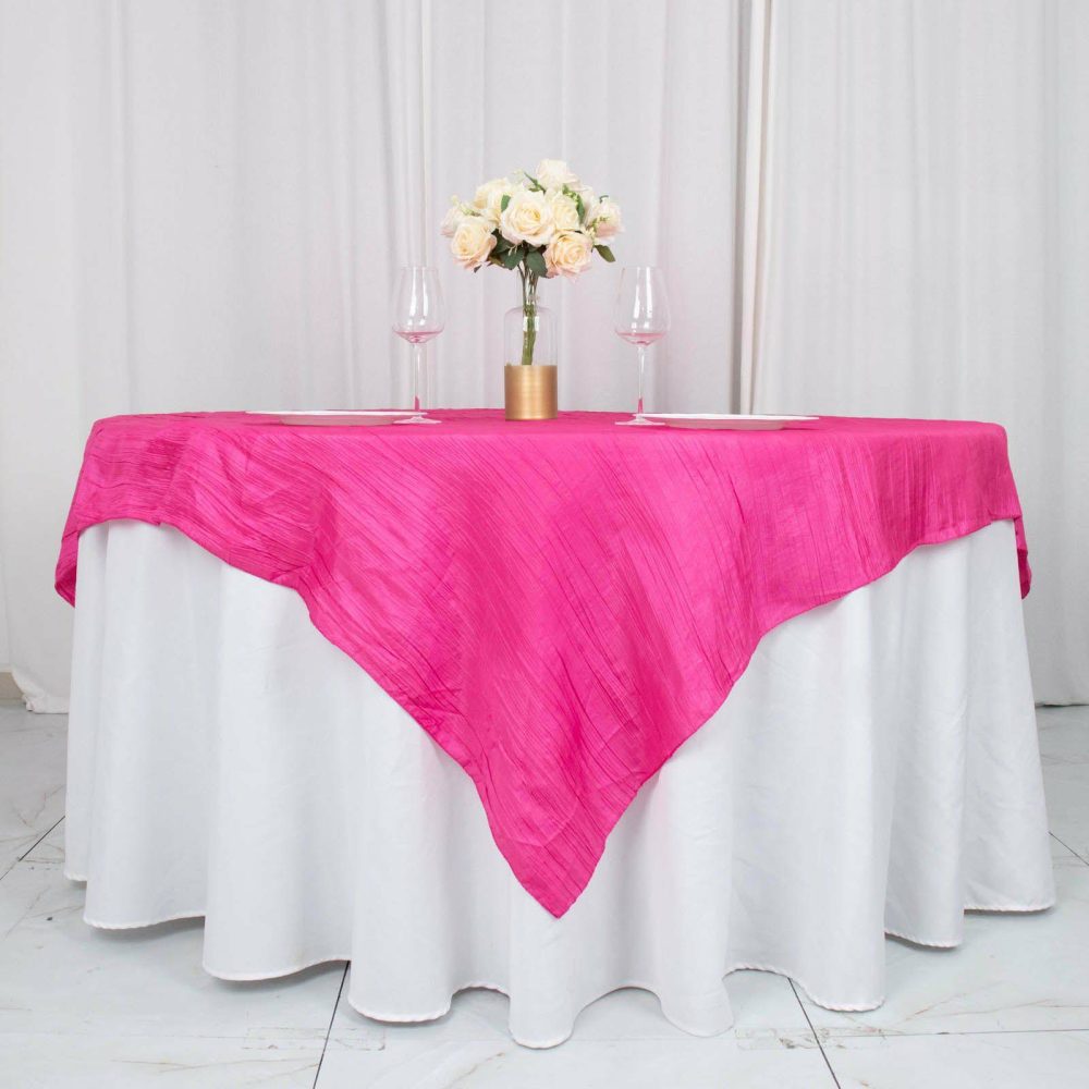 Fuchsia Accordion Crinkle Taffeta Table Overlay, Square Tablecloth Topper 72″x72″  |   Satin & Taffeta Satin & Taffeta Fuchsia