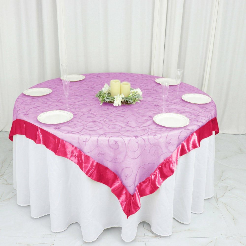 Fuchsia Embroidered Sheer Organza Square Table Overlay With Satin Edge 60″x60″  |   Sheer Organza Sheer Organza Fuchsia