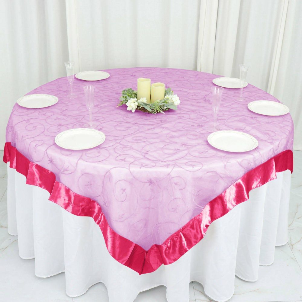 Fuchsia Embroidered Sheer Organza Square Table Overlay With Satin Edge 72″x72″  |   Sheer Organza Sheer Organza Fuchsia