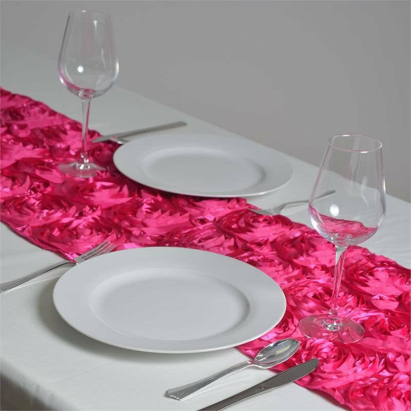 Fuchsia Grandiose Rosette Satin Table Runner 14″x108″  |   Satin & Taffeta Satin & Taffeta Fuchsia