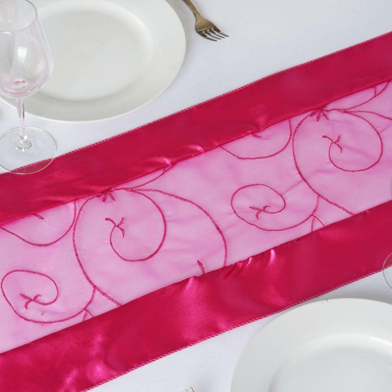 Fuchsia Satin Embroidered Sheer Organza Table Runner 14″x108″  |   Organza & Chiffon Organza & Chiffon Fuchsia