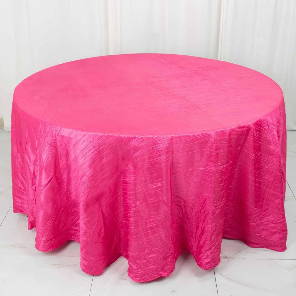 Fuchsia Seamless Accordion Crinkle Taffeta Round Tablecloth 120″ for 5 Foot Table With Floor-Length Drop  |   Pintuck, Crinkle & Leaf Pintuck, Crinkle & Leaf Fuchsia