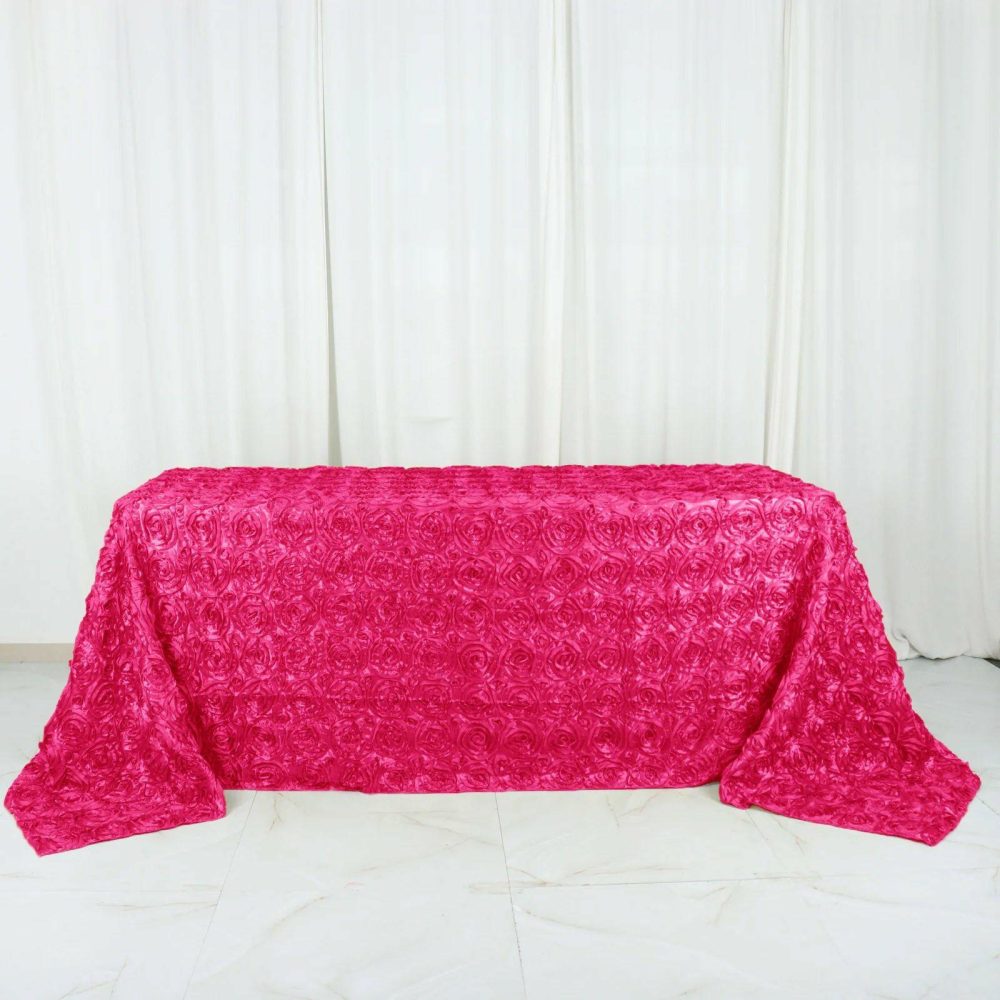 Fuchsia Seamless Grandiose 3D Rosette Satin Rectangle Tablecloth 90″x132″ for 6 Foot Table With Floor-Length Drop  |   Rosette Rosette Fuchsia