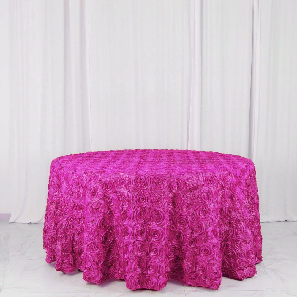 Fuchsia Seamless Grandiose 3D Rosette Satin Round Tablecloth 120″ for 5 Foot Table With Floor-Length Drop  |   Rosette Rosette Fuchsia