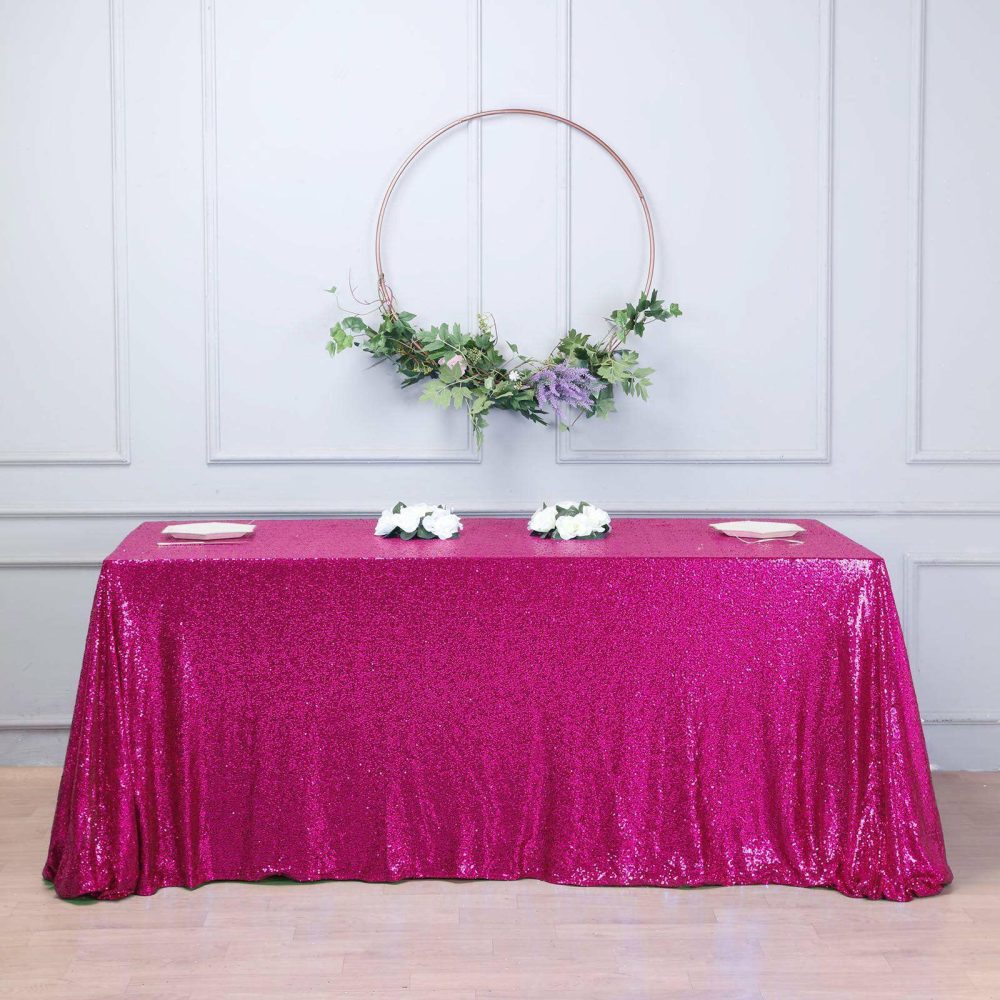 Fuchsia Seamless Premium Sequin Rectangle Tablecloth 90″x132″ for 6 Foot Table With Floor-Length Drop  |   Sequin Sequin Fuchsia