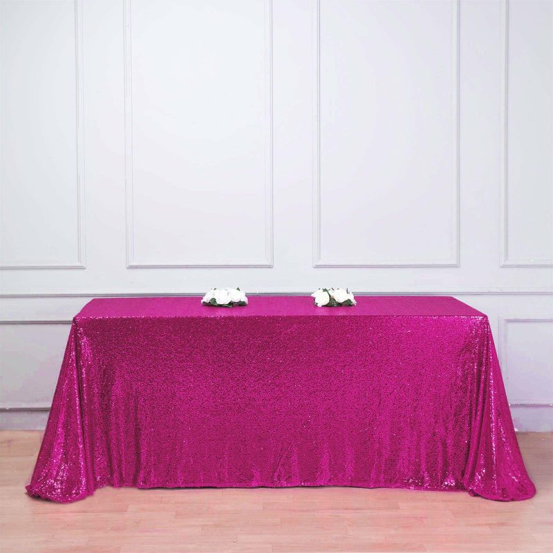 Fuchsia Seamless Premium Sequin Rectangle Tablecloth 90″x132″ for 6 Foot Table With Floor-Length Drop  |   Sequin Sequin Fuchsia