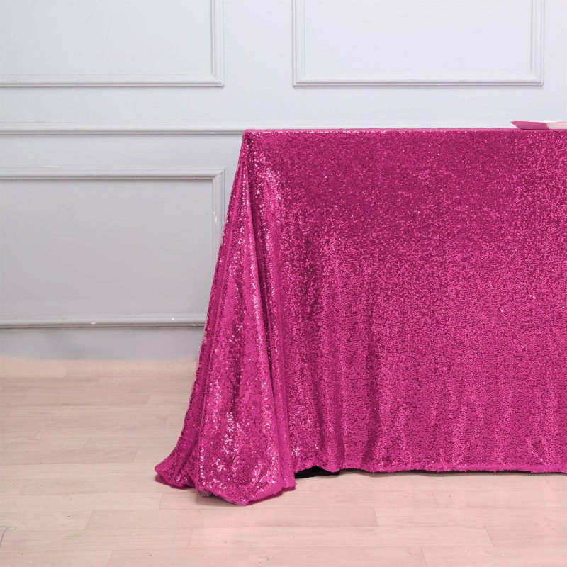 Fuchsia Seamless Premium Sequin Rectangle Tablecloth 90″x132″ for 6 Foot Table With Floor-Length Drop  |   Sequin Sequin Fuchsia