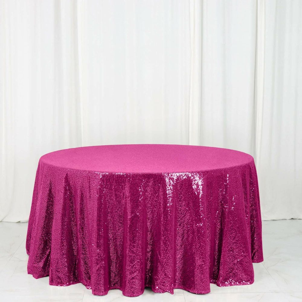 Fuchsia Seamless Premium Sequin Round Tablecloth 120″ for 5 Foot Table With Floor-Length Drop  |   Sequin Sequin Fuchsia