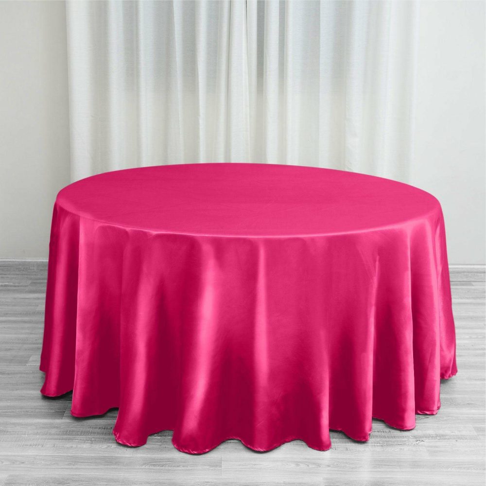 Fuchsia Seamless Satin Round Tablecloth 120″ for 5 Foot Table With Floor-Length Drop  |   Satin Satin Fuchsia