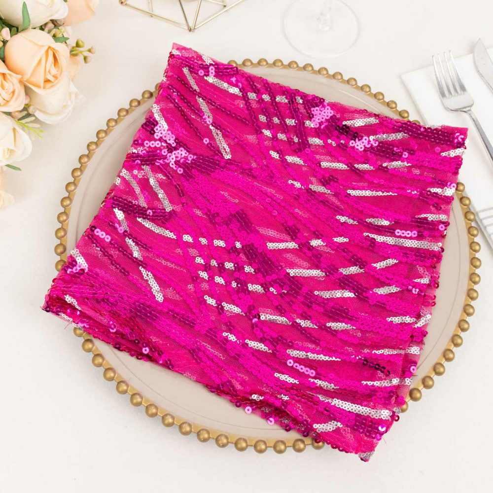 Fuchsia Silver Wave Embroidered Sequin Mesh Dinner Napkin, Reusable Decorative Napkin – 20″x20″  |   Shimmer & Sequin Cloth Napkins Fuchsia / Silver