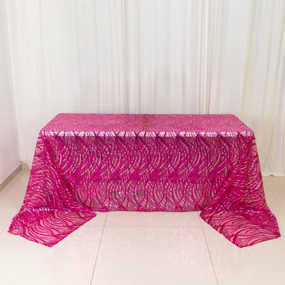 Fuchsia Silver Wave Mesh Rectangular Tablecloth With Embroidered Sequins – 90″x156″ for 8 Foot Table With Floor-Length Drop  |   Sequin Sequin Fuchsia