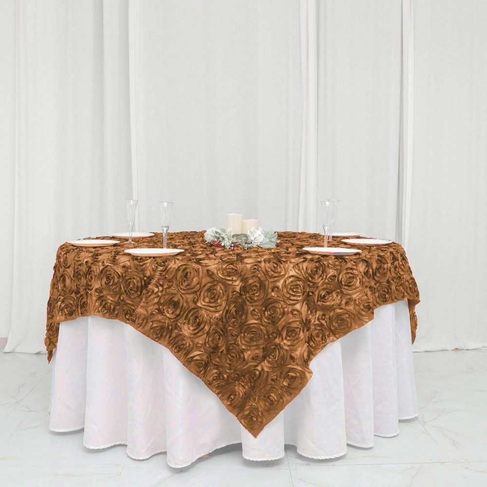 Gold 3D Rosette Satin Square Table Overlay 72″x72″  |   Satin & Taffeta Satin & Taffeta Gold