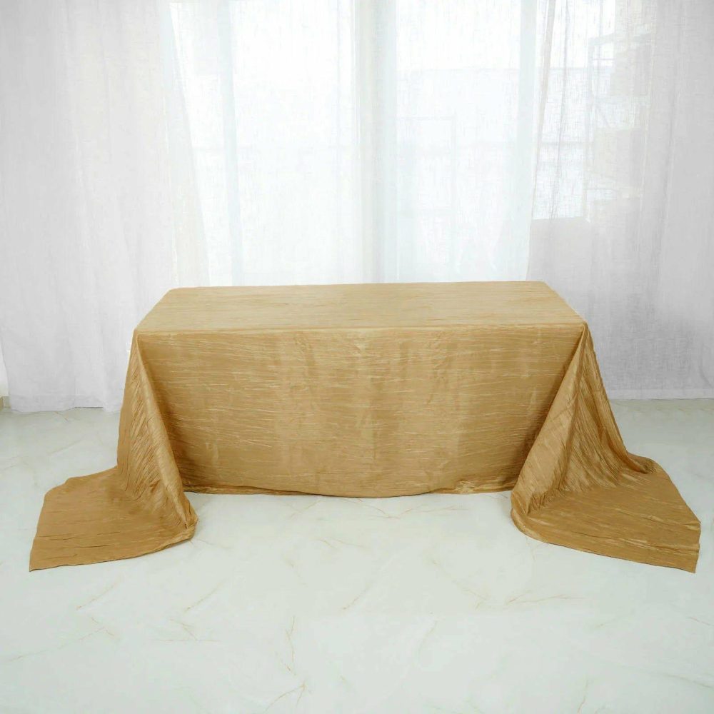 Gold Accordion Crinkle Taffeta Seamless Rectangular Tablecloth 90″x156″ for 8 Foot Table With Floor-Length Drop  |   Pintuck, Crinkle & Leaf Pintuck, Crinkle & Leaf Gold